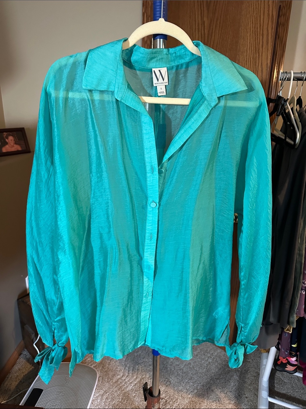 Worthington Teal Button-Down Tie-Cuff Blouse
